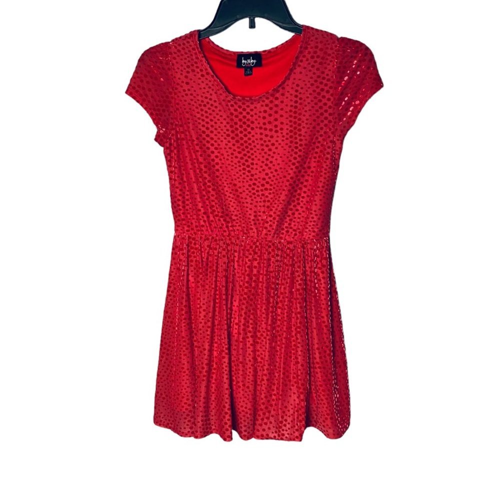 by‎ & by Girl Size 16 Red Velvet Polka Dot Lined Cap Sleeves A-line Dress
